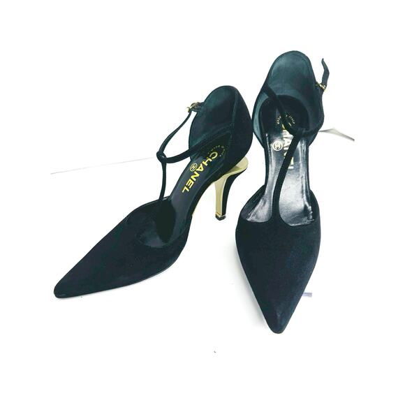 Chanel Couture 2002 Black Suede T-Strap Heels size EU 36.5 Vintage Runway Pumps - Picture 3 of 9